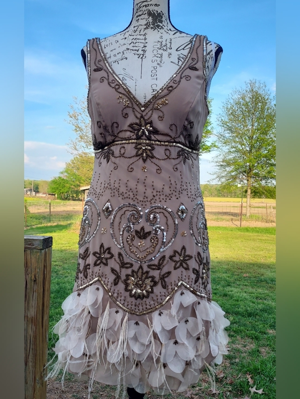 Sue Wong Tan and Gold Embellished Midi Dress